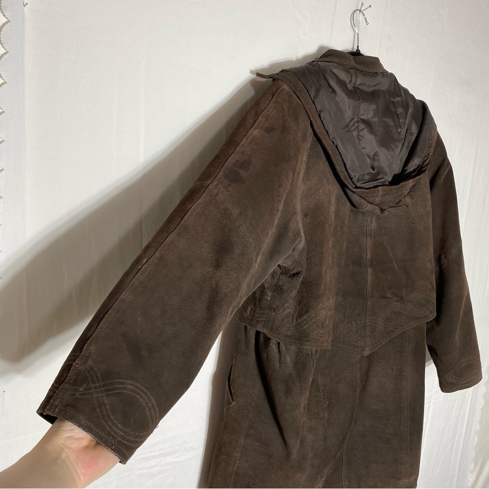 Vintage 90s Outlook Brown Suede Leather Coat With Drawstring Waist M - Picture 13 of 16